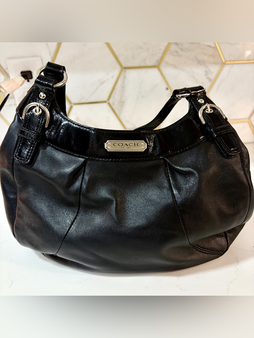 Vintage COACH Black Leather & Patent Hobo w/ Silver | Great condition!